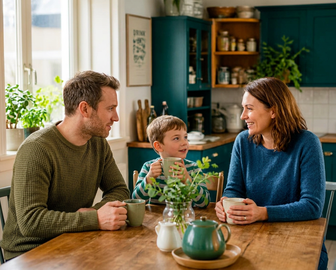 A family sitting together around a kitchen table with mugs of tea